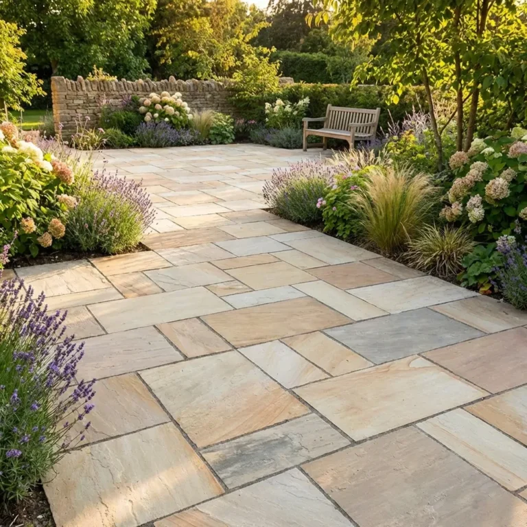 A garden patio features Fossil Mint Indian Sandstone Paving (22mm Calibrated, 600mm x 900mm) in a geometric pattern, bordered by lush plants and grasses. A wooden bench sits by a stone wall beneath leafy trees with sunlight filtering through.