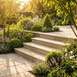 Fossil Mint Sandstone Bullnose Steps 900x350x35mm bordered by green shrubs and colorful flowers lead to a sunlit garden patio, where soft evening light casts long shadows for a tranquil, inviting atmosphere.
