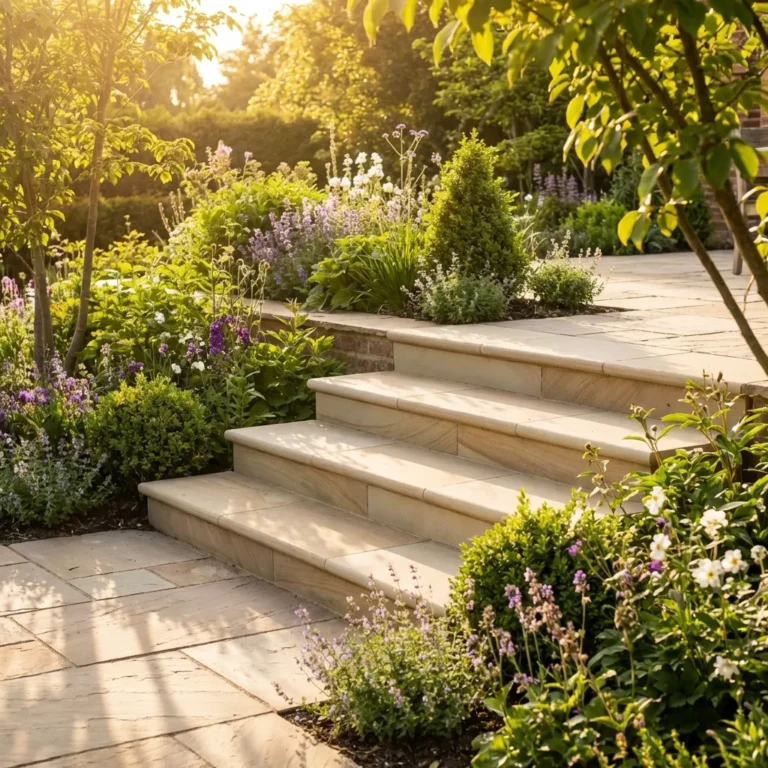 Fossil Mint Sandstone Bullnose Steps 900x350x35mm bordered by green shrubs and colorful flowers lead to a sunlit garden patio, where soft evening light casts long shadows for a tranquil, inviting atmosphere.