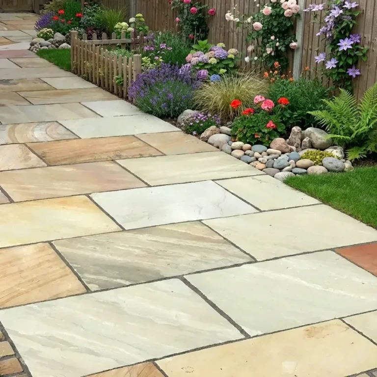 A patio paved with Fossil Mint Indian Sandstone (22mm Calibrated, 600mm x 900mm) is bordered by a colorful flower garden with blooming roses, lush plants, a wooden picket fence, and a green lawn along the edge.