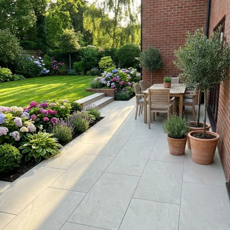 A sunny patio features Getafe Beige Outdoor Porcelain Paving Tiles (600mm x 900mm x 20mm), a wooden dining set, potted plants, and vibrant hydrangea-filled flower beds beside a manicured lawn and red brick house.