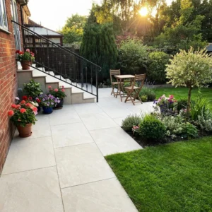 A sunlit garden patio features Getafe Beige Outdoor Porcelain Paving Tiles (600mm x 900mm), stairs with a black railing, potted flowers, and a wooden table with two chairs, all surrounded by lush lawn, shrubs, and trees.