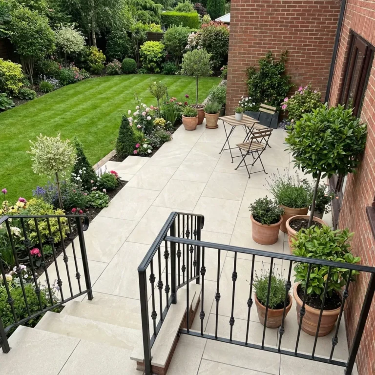 A view from above of a patio with potted plants, a small table with two chairs on Getafe Beige Porcelain paving, and stairs leading to a manicured garden with green grass, flowers, shrubs, and a brick house wall.