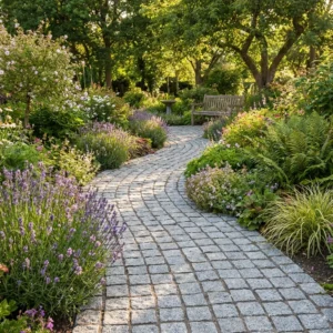 A path made of Silver Grey Granite Cobble Setts (100mm x 100mm x 40/60mm) winds through a vibrant garden of flowers and shrubs, curving around a wooden bench surrounded by colorful plants in the sunlight.