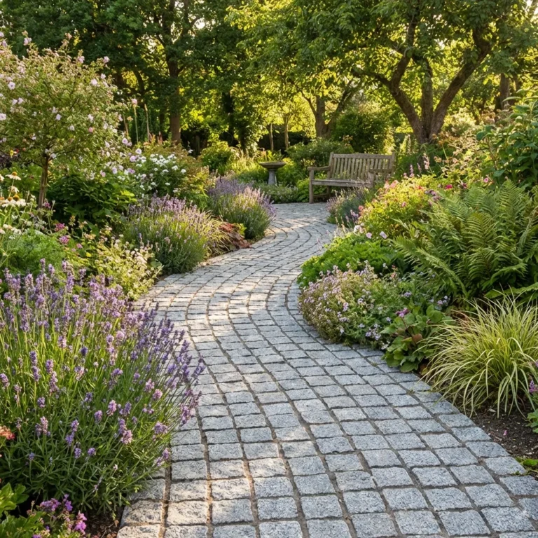 A path made of Silver Grey Granite Cobble Setts (100mm x 100mm x 40/60mm) winds through a vibrant garden of flowers and shrubs, curving around a wooden bench surrounded by colorful plants in the sunlight.