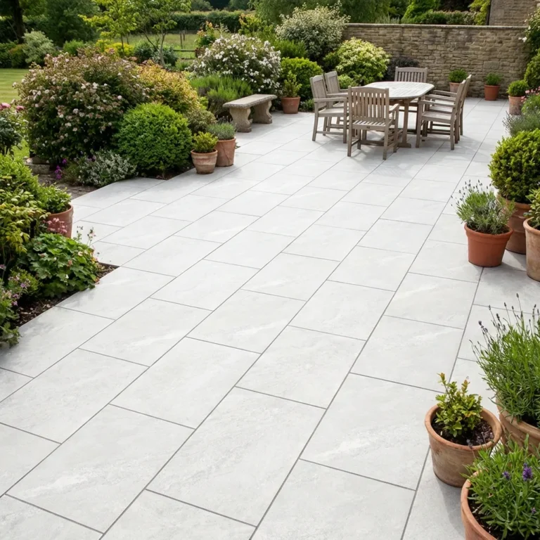 A spacious outdoor patio features Himalayan White Outdoor Porcelain Paving Tiles (600mm x 900mm x 20mm), a wooden table set, potted plants, lush garden and shrubs, a stone bench at the back, and a stone wall in the background.