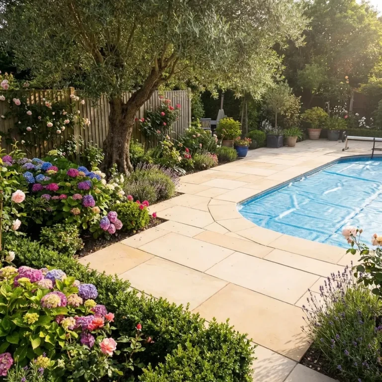 A sunlit garden with colorful flowers and an olive tree borders a stone patio of Ivory Mint Sandstone Honed - Sawn – 22mm Calibrated 600mm x 900mm, next to a blue-covered pool, with potted plants along the wooden fence in the background.