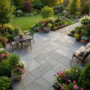 A patio featuring Kandla Grey Outdoor Porcelain Paving Tiles (Mixed Sizes), complete with chairs, tables, and plants.