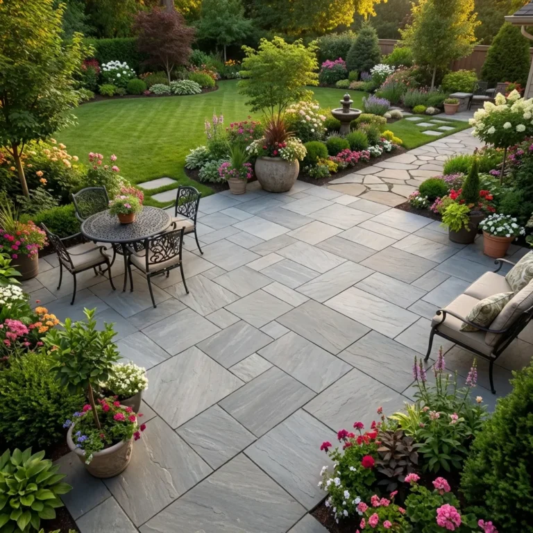 A patio featuring Kandla Grey Outdoor Porcelain Paving Tiles (Mixed Sizes), complete with chairs, tables, and plants.