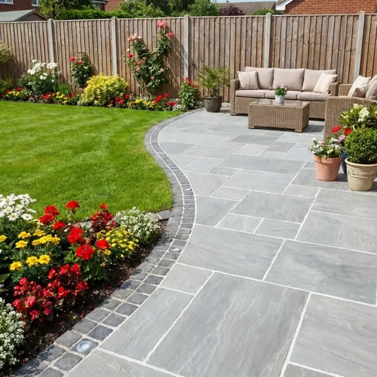 A patio paved with Kandla Grey Sandstone - 22mm Calibrated Mixed Size showcases potted plants and wicker furniture, curving into a green lawn bordered by colorful flowers, with a wooden fence and houses behind.