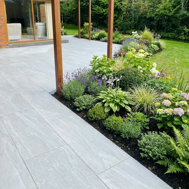 A modern patio features Kandla Grey Outdoor Porcelain Paving Tiles (600x900x20mm) beside a garden bed of green plants and flowers, bordered by wooden posts, with a lawn and trees in the background.