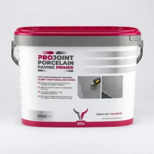 A 20kg Nexus ProJoint Porcelain Primer tub with a red lid and gray handles includes product details, instructions, and an image depicting the primer being applied to a paving surface.