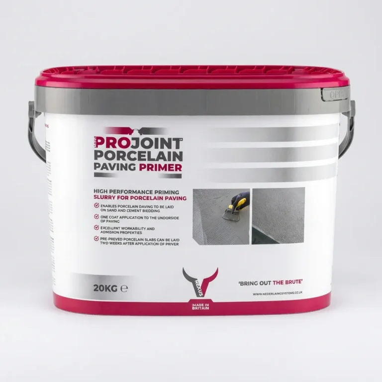 A 20kg Nexus ProJoint Porcelain Primer tub with a red lid and gray handles includes product details, instructions, and an image depicting the primer being applied to a paving surface.