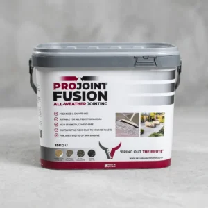 A grey and white plastic tub labeled Nexus ProJoint Fusion All Weather with checklists and images, set on a plain light gray background. The tub features a handle and displays a 15KG weight label.