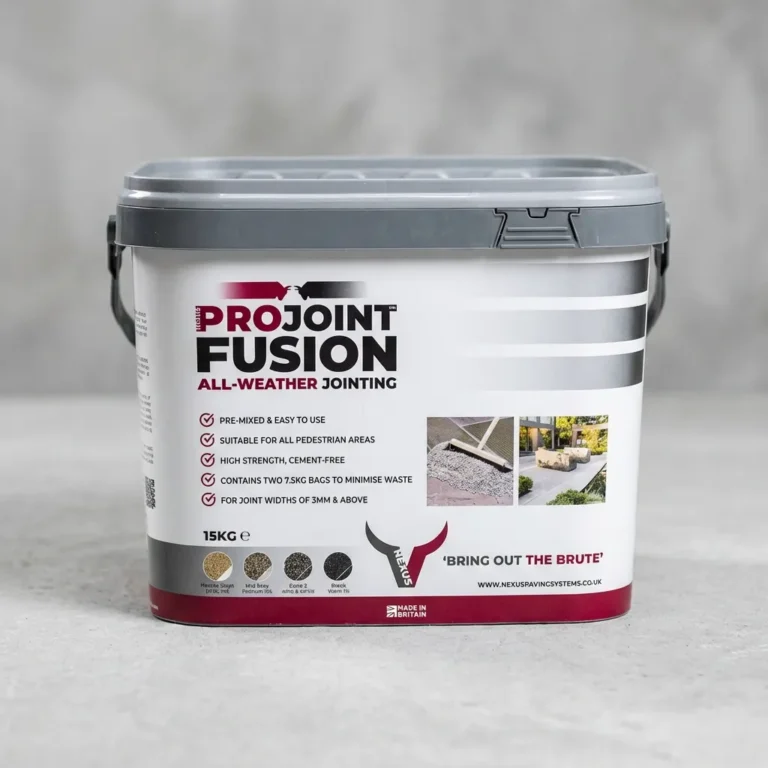 A grey and white plastic tub labeled Nexus ProJoint Fusion All Weather with checklists and images, set on a plain light gray background. The tub features a handle and displays a 15KG weight label.