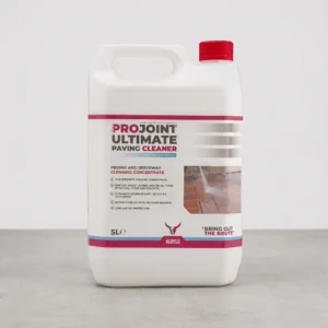 A 5-liter white plastic container with a red cap of ProJoint Ultimate Paving Cleaner on a grey surface. The label displays product information and an image of paving being cleaned.