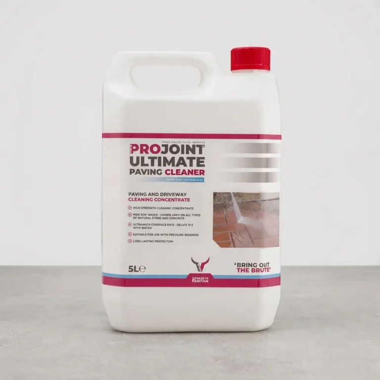A 5-liter white plastic container with a red cap of ProJoint Ultimate Paving Cleaner on a grey surface. The label displays product information and an image of paving being cleaned.