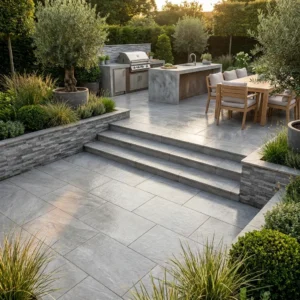 Modern outdoor patio with quartz grey porcelain 600 x 900 tiles, steps, lush green plants, a dining table with chairs, potted trees, and a built-in grill and kitchen area in a landscaped backyard at sunset.