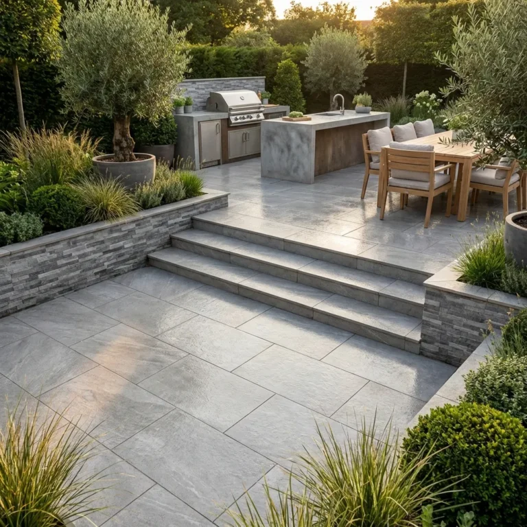 Modern outdoor patio with quartz grey porcelain 600 x 900 tiles, steps, lush green plants, a dining table with chairs, potted trees, and a built-in grill and kitchen area in a landscaped backyard at sunset.