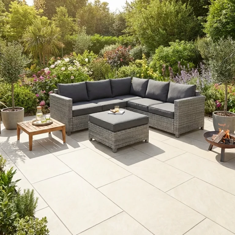A modern outdoor patio with Quartz White Outdoor Porcelain Paving Tiles (600 x1200 x 20mm) features a gray wicker sectional with dark cushions, matching ottoman, small wooden table with drinks, potted plants, fire pit, and lush greenery.