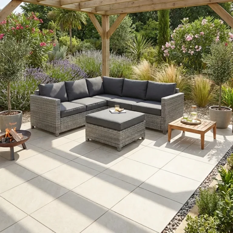 A patio with Quartz White Outdoor Porcelain Paving Tiles (600x600x20mm), featuring a gray wicker sectional sofa, ottoman, small wooden table with drinks, fire pit, and potted plants under a wooden pergola amid lush greenery.