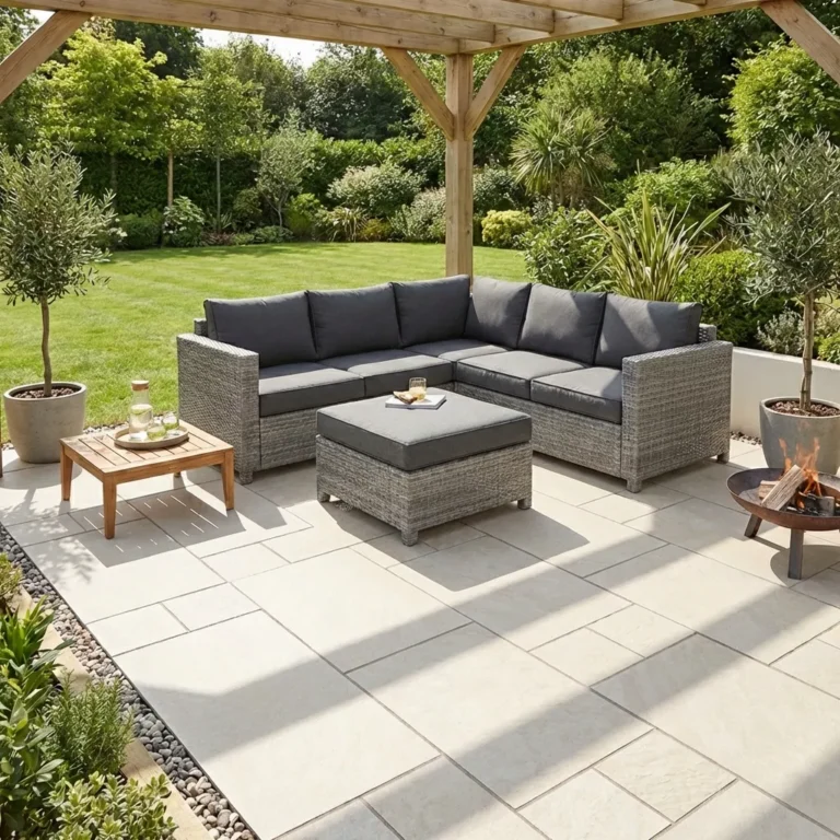 A modern patio with Quartz White Outdoor Porcelain Paving Tiles in mixed sizes features a gray wicker sofa set, matching ottoman, small wooden table with drinks, potted trees, fire pit, and wooden pergola overlooking a green garden.