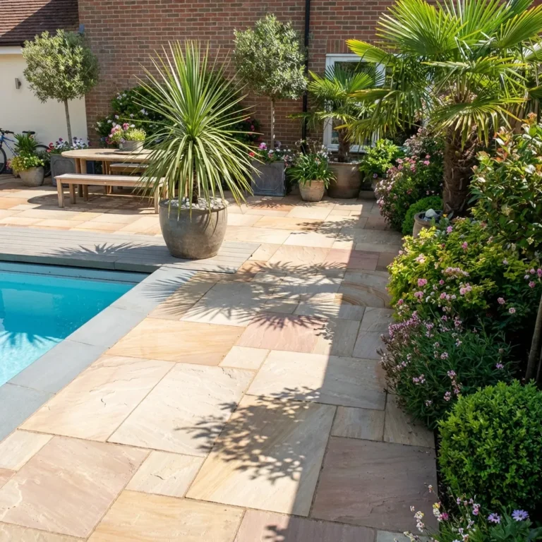 A sunlit patio with raveena sandstone mixed stone tiles beside a pool, bordered by lush plants, potted palms, and flowering shrubs; a wooden table with benches sits in the background near a brick house.