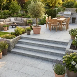 A modern patio with Silver Grey Granite Bullnose Steps 900x350x35mm, a wooden dining set, grill, sofa seating area, potted plants and trees, all surrounded by lush greenery and garden beds.