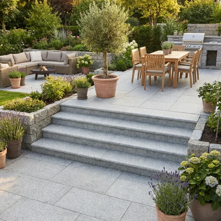 A modern patio with Silver Grey Granite Bullnose Steps 900x350x35mm, a wooden dining set, grill, sofa seating area, potted plants and trees, all surrounded by lush greenery and garden beds.