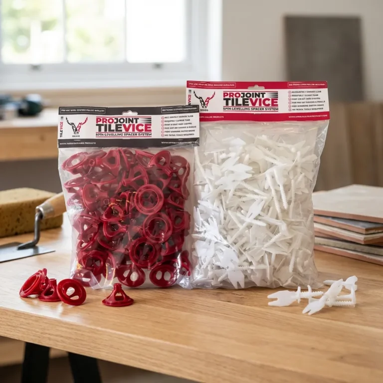 Two bags of Nexus TileVice Porcelain Leveling System spacers—one with red circular pieces and the other with white wedges—are displayed on a wooden table in a bright room with tools and tiles visible in the background.