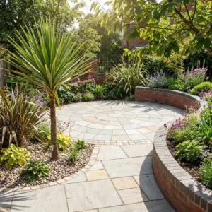 A sunny garden features a circular patio of Yellow Limestone - Sawn Edge 22mm Calibrated Mixed Size, with a central mosaic, curved brick walls, lush plants, a tall palm, and vibrant flowers completing the landscaped scene.