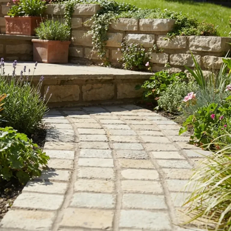 A grassy lawn features a stone pathway made of Yellow Limestone Setts 100x100x30/40mm, bordered by green plants and flowers, leading to terraced steps with potted plants and trailing greenery.
