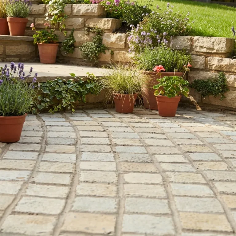 A bright, well-maintained stone patio using Yellow Limestone Setts 100x100x30/40mm features potted plants and flowers, with stone steps leading to a small garden of green grass and colorful blooms.