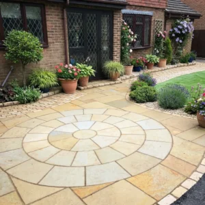 A Yellow Limestone 3 Meter Paving Circle with a geometric pattern is featured in front of a brick house with glass-paneled doors, surrounded by potted plants, flowers, a curved path, and a manicured lawn.