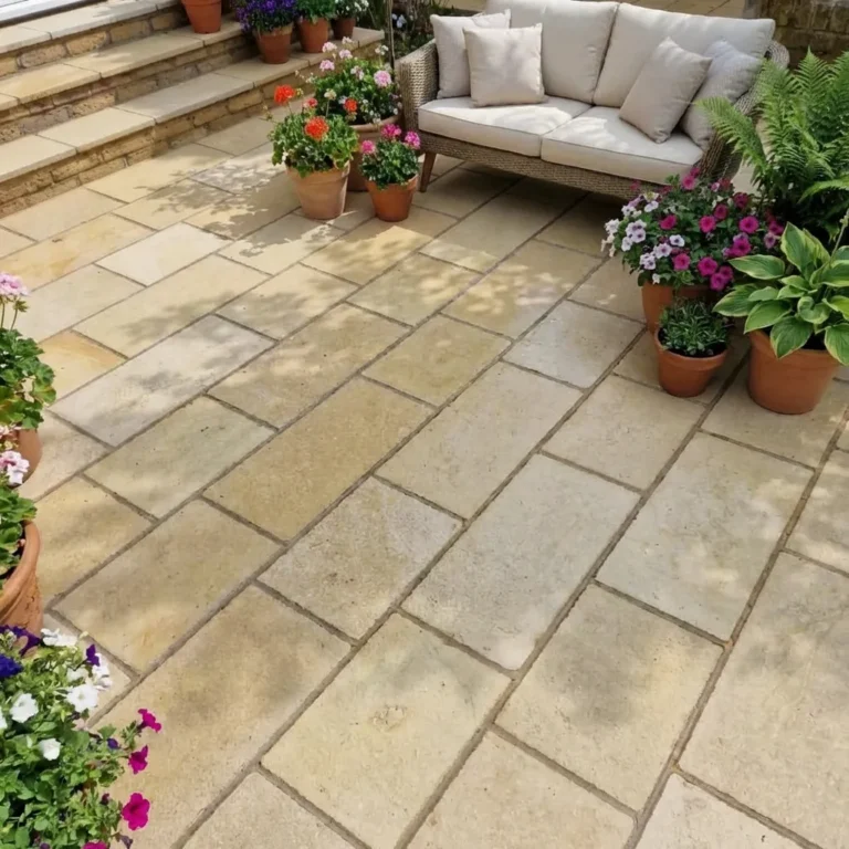 A stone patio with Yellow Limestone Sawn 22mm Calibrated 600mm x 900mm tiles features a wicker sofa with white cushions, surrounded by potted flowering plants and ferns. Steps lead up to another level in the background.