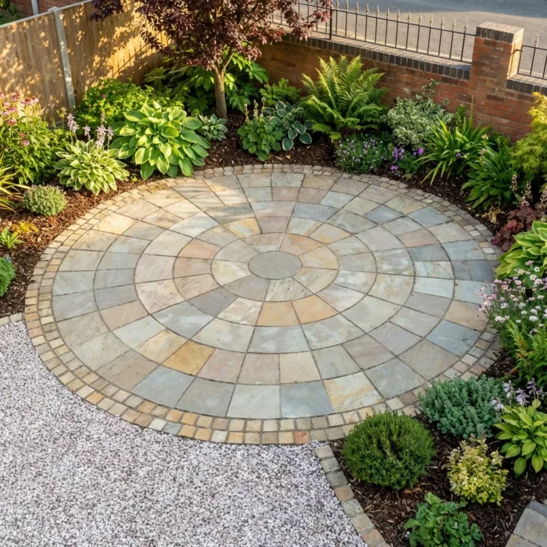 The Yellow Limestone 5 Meter Circle forms a geometric stone patio, bordered by brick edging and a gravel path, surrounded by lush green plants and vibrant flowers in the landscaped garden.